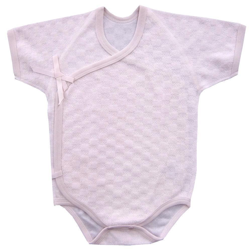 [現貨] 日本製村信 初生嬰兒粉紅色格紋絨短袖連身衣/屁包衣 - BB Dressup