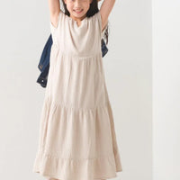 [現貨] 日本直送 OMNES 女童裝 米色雙層薄紗法式袖束腰連身裙 - BB Dressup