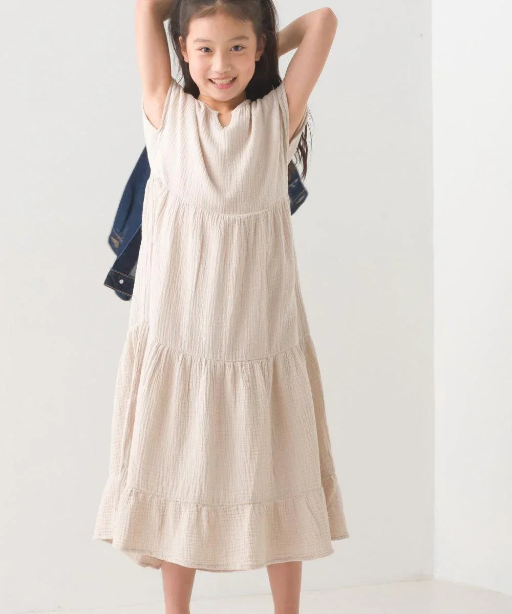 [現貨] 日本直送 OMNES 女童裝 米色雙層薄紗法式袖束腰連身裙 - BB Dressup