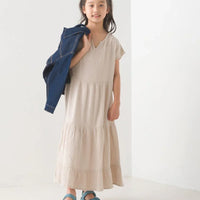 [現貨] 日本直送 OMNES 女童裝 米色雙層薄紗法式袖束腰連身裙 - BB Dressup
