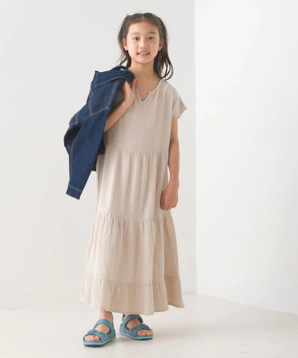 [現貨] 日本直送 OMNES 女童裝 米色雙層薄紗法式袖束腰連身裙 - BB Dressup