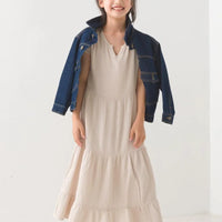 [現貨] 日本直送 OMNES 女童裝 米色雙層薄紗法式袖束腰連身裙 - BB Dressup