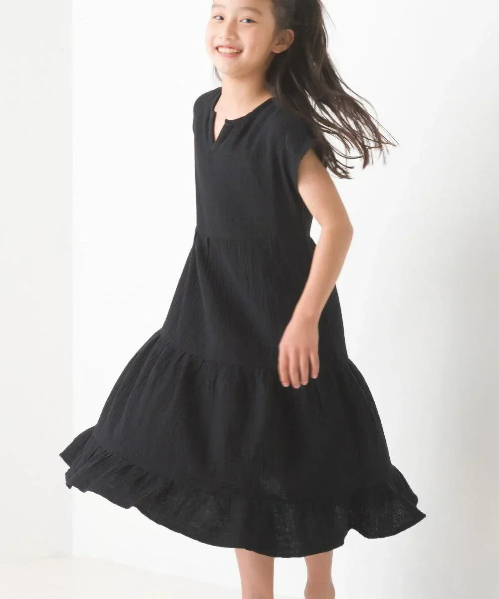 [現貨] 日本直送 OMNES 女童裝 黑色雙層薄紗法式袖束腰連身裙 - BB Dressup