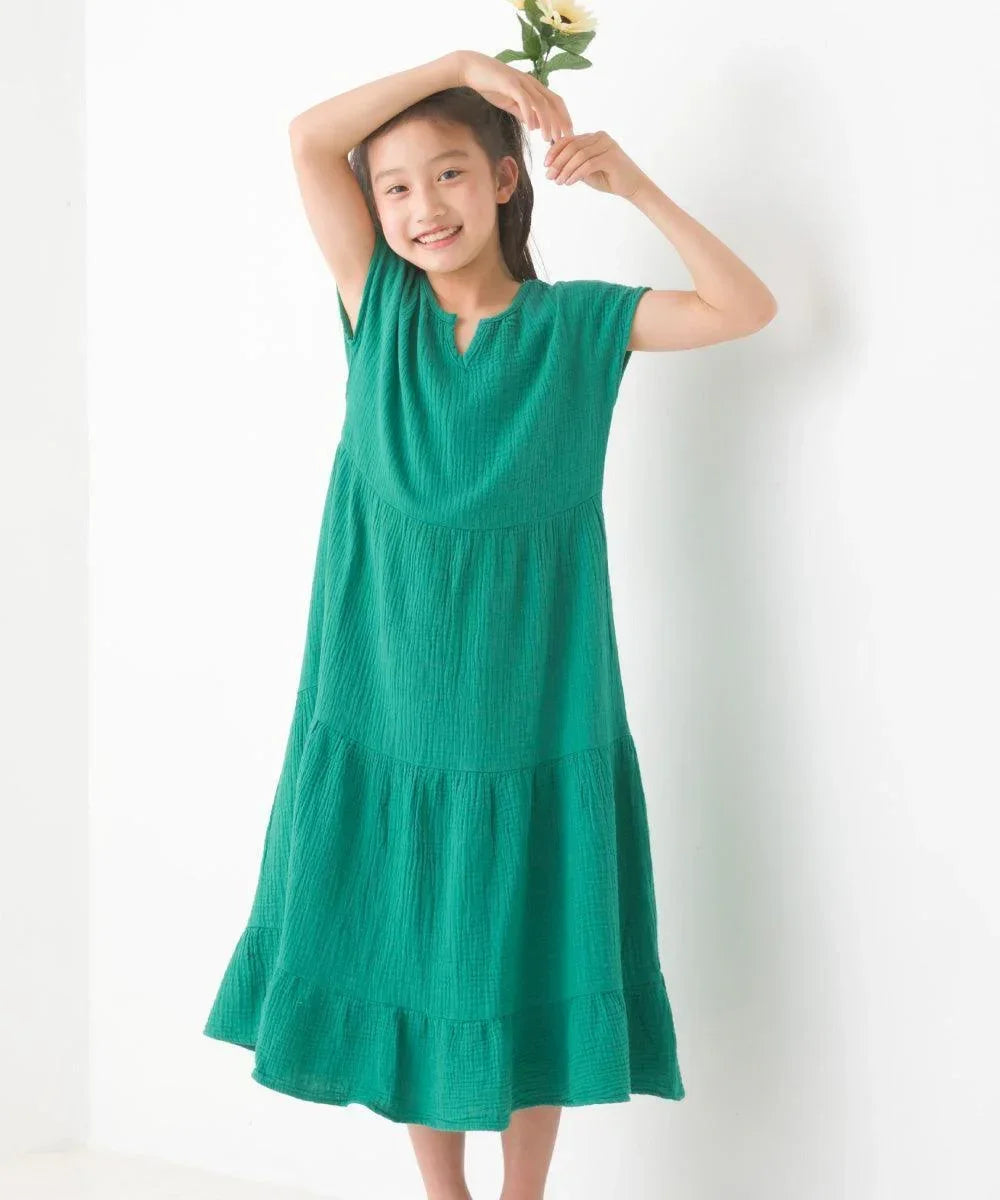 [現貨] 日本直送 OMNES 女童裝 綠色雙層薄紗法式袖束腰連身裙 - BB Dressup