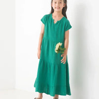 [現貨] 日本直送 OMNES 女童裝 綠色雙層薄紗法式袖束腰連身裙 - BB Dressup