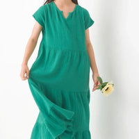[現貨] 日本直送 OMNES 女童裝 綠色雙層薄紗法式袖束腰連身裙 - BB Dressup