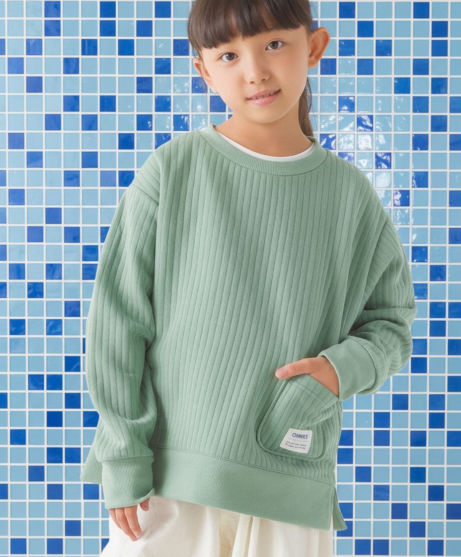 [現貨] 日本直送 OMNES 女童 卡其綠直紋 長袖衫 (100-130cm) - BB Dressup