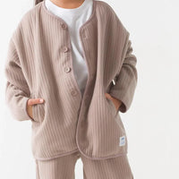 [現貨] 日本直送 OMNES 女童 啡紅直紋 開胸款外套 - BB Dressup
