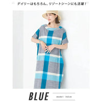 [現貨] 日本直送 OMNES 成人棉質竹節格紋藍色連身裙 - BB Dressup