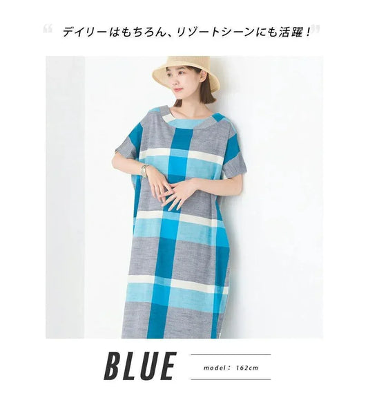 [現貨] 日本直送 OMNES 成人棉質竹節格紋藍色連身裙 - BB Dressup