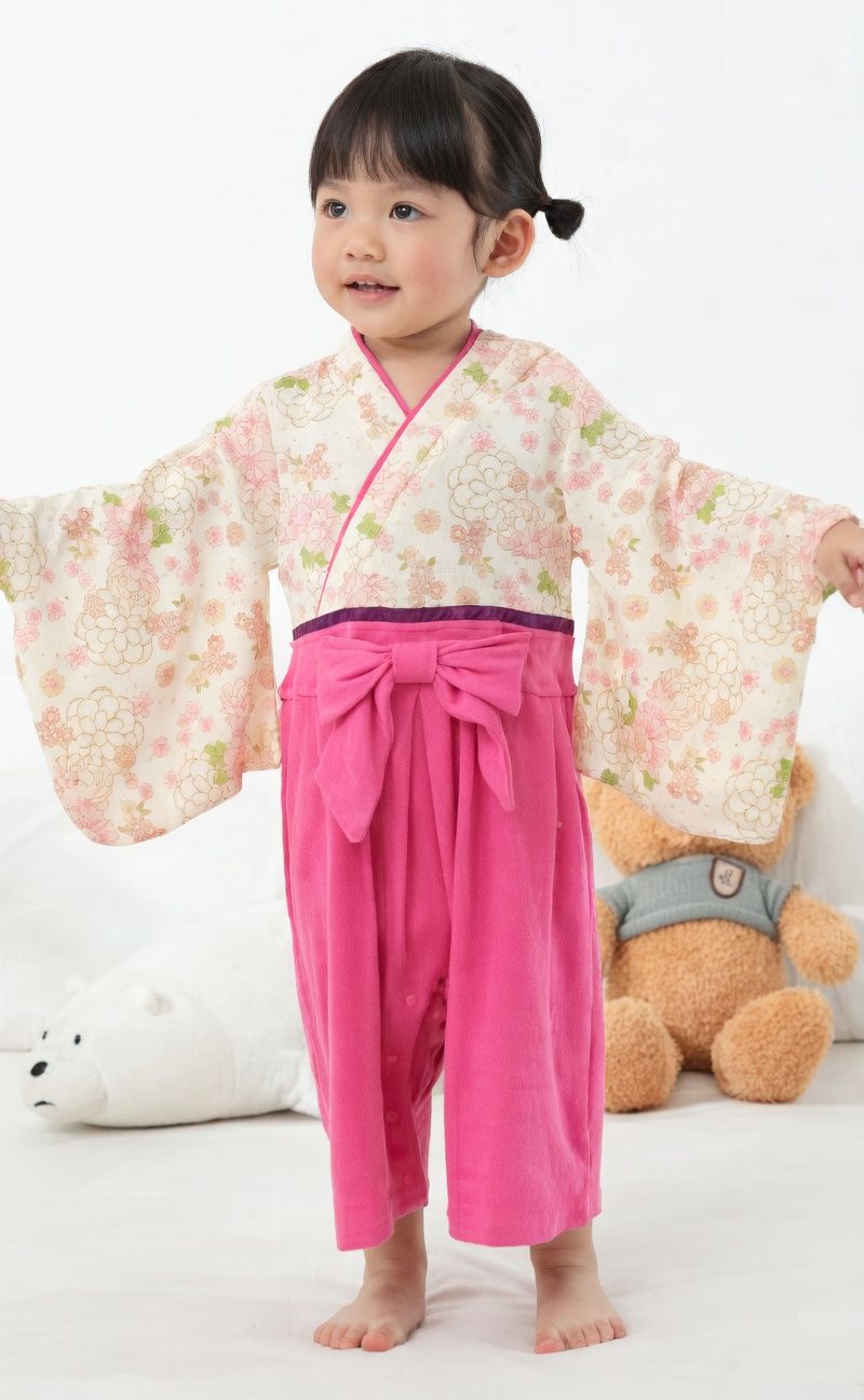 [現貨] 日本直送 O.S Kids 嬰兒米色櫻花菊花和服連身衣 (70-80cm) - BB Dressup