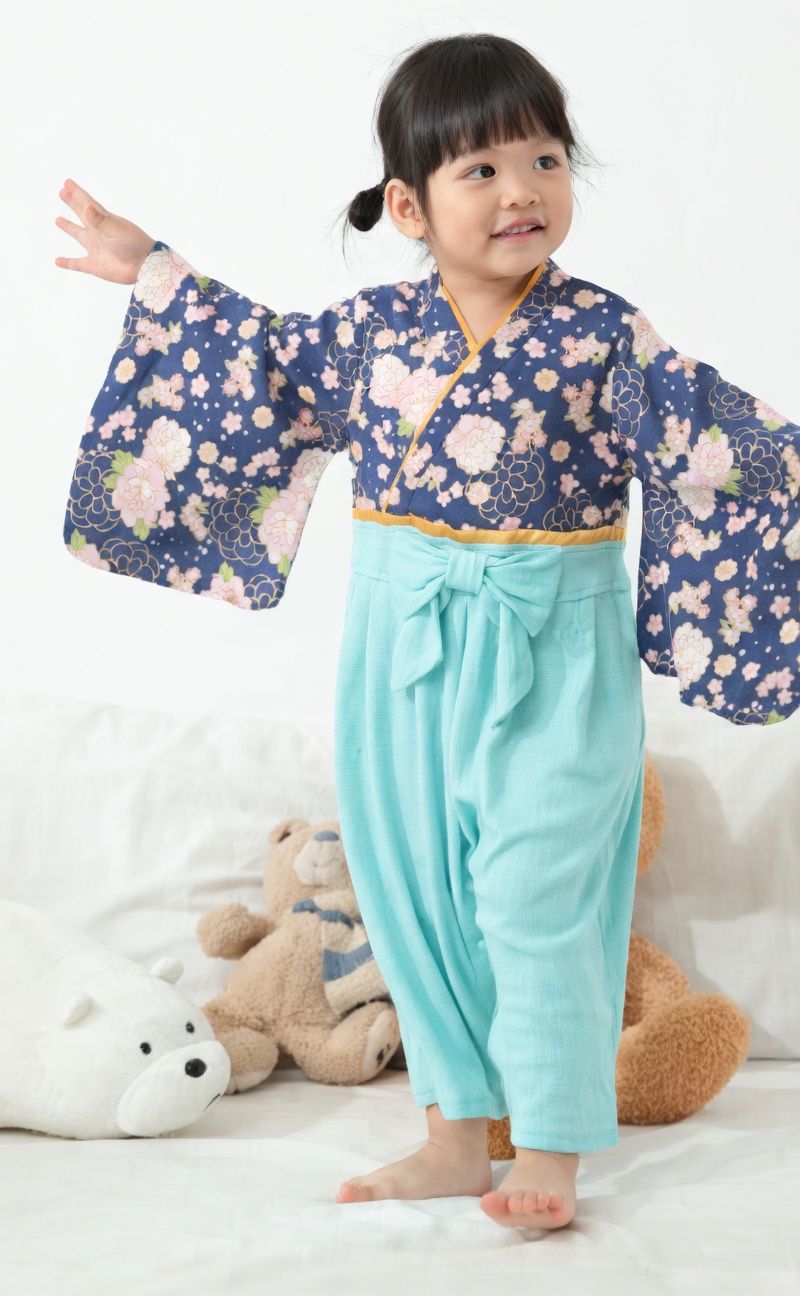 [現貨] 日本直送 O.S Kids 嬰兒藍色櫻花菊花和服連身衣 (70-90cm) - BB Dressup