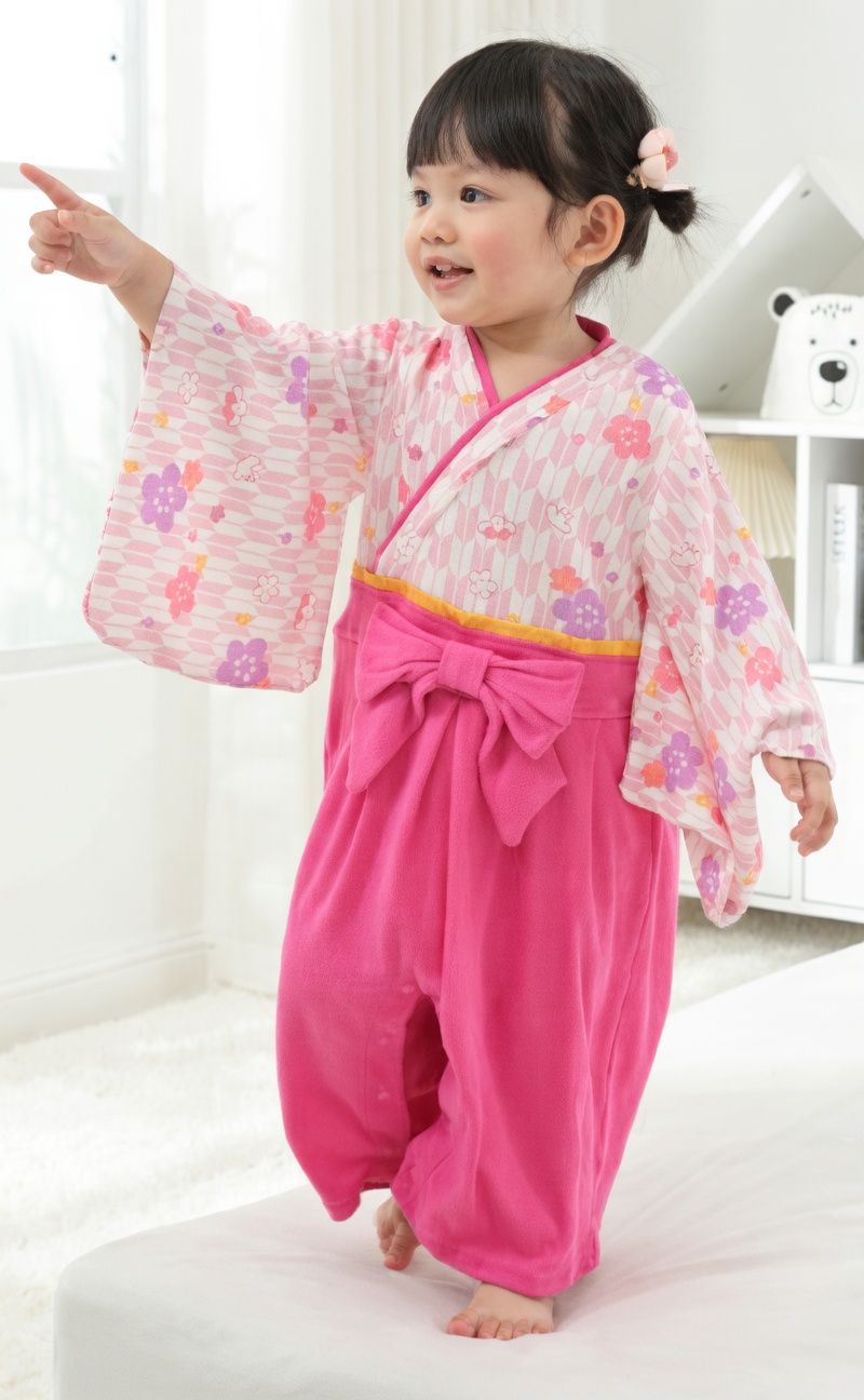 [現貨] 日本直送 O.S Kids 嬰兒粉紅色櫻花和服連身衣 (70-90cm) - BB Dressup