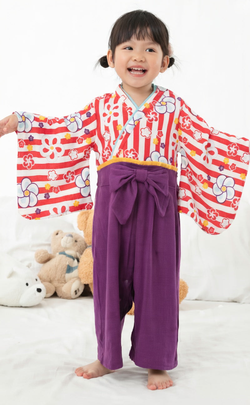 [現貨] 日本直送 O.S Kids 嬰兒紅白間花朵和服連身衣 (70-90cm) - BB Dressup
