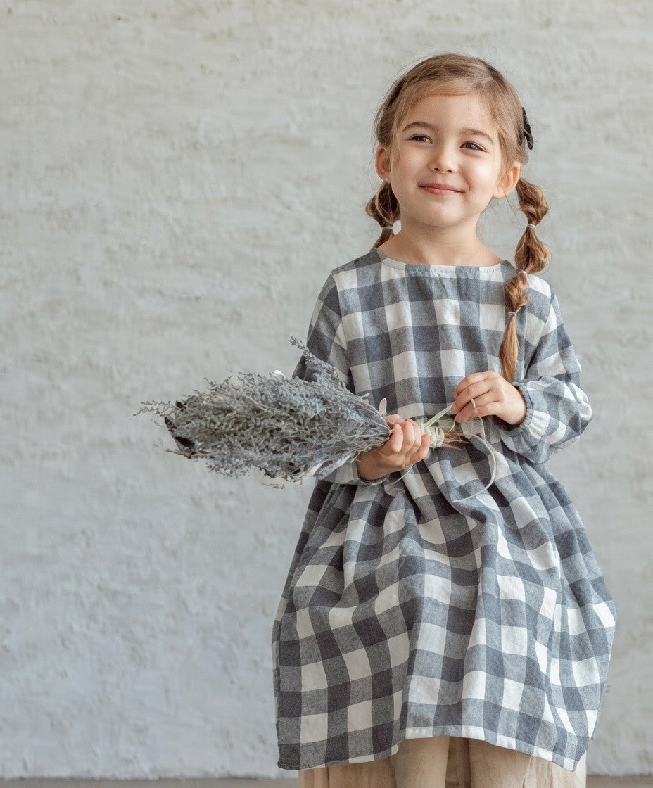 [現貨] 日本直送 Pairmanon 女童裝 灰白格長袖 洋裝連身裙 (120cm) - BB Dressup