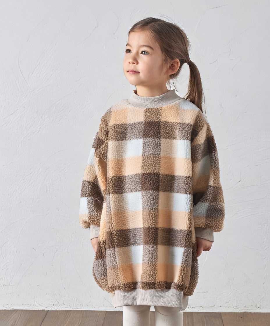 [現貨] 日本直送 Pairmanon 女童裝 橙啡方格 毛毛洋裝連身裙 (120cm) - BB Dressup