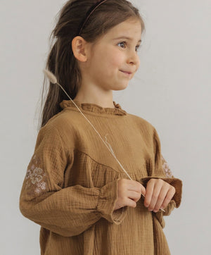 [現貨] 日本直送 Pairmanon 女童裝 咖啡色雙層薄紗繡花 洋裝連身裙 (100cm) - BB Dressup