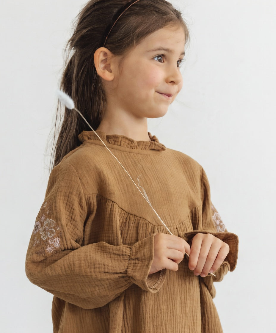 [現貨] 日本直送 Pairmanon 女童裝 咖啡色雙層薄紗繡花 洋裝連身裙 (100cm) - BB Dressup