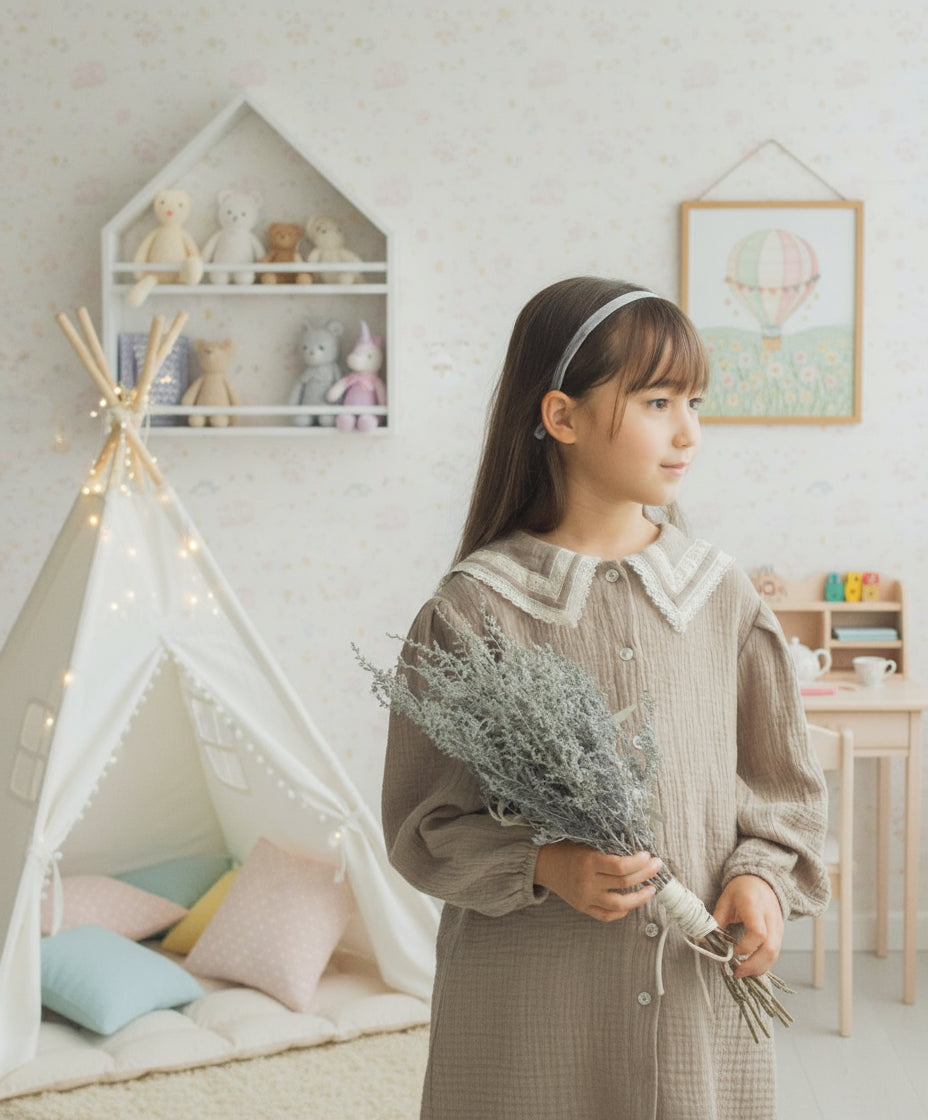 [現貨] 日本直送 Pairmanon 女童裝 淺啡色雙層紗蕾絲洋裝上衣 (100-120cm) - BB Dressup