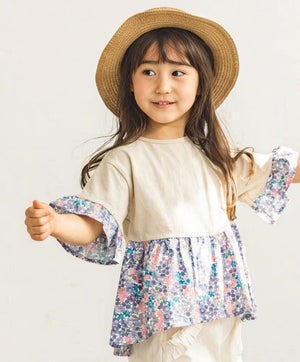 [現貨] 日本直送 Pairmanon 女童裝 粉紫花卉圖案 短袖上衣 (100-110cm) - BB Dressup