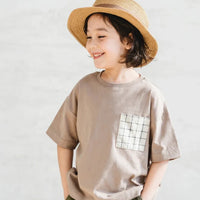 [現貨] 日本直送 Pairmanon 童裝 卡其色方格仔袋 短袖T恤 (100-110cm) - BB Dressup