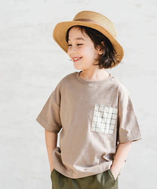 [現貨] 日本直送 Pairmanon 童裝 卡其色方格仔袋 短袖T恤 (100-110cm) - BB Dressup