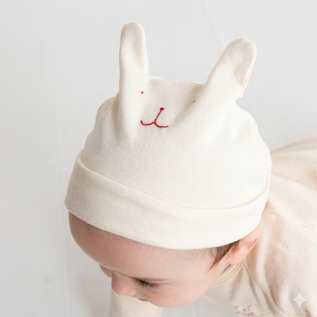 [現貨] 日本製 POMPKINS 初生嬰兒 兔仔 白色有機棉嬰兒帽 - BB Dressup