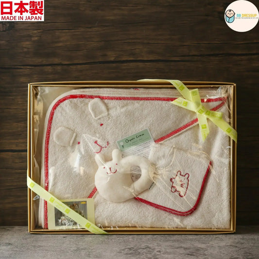 [現貨] 日本製 POMPKINS 初生嬰兒白色兔仔有機棉浴巾嬰兒禮盒 (AG-1) - BB Dressup