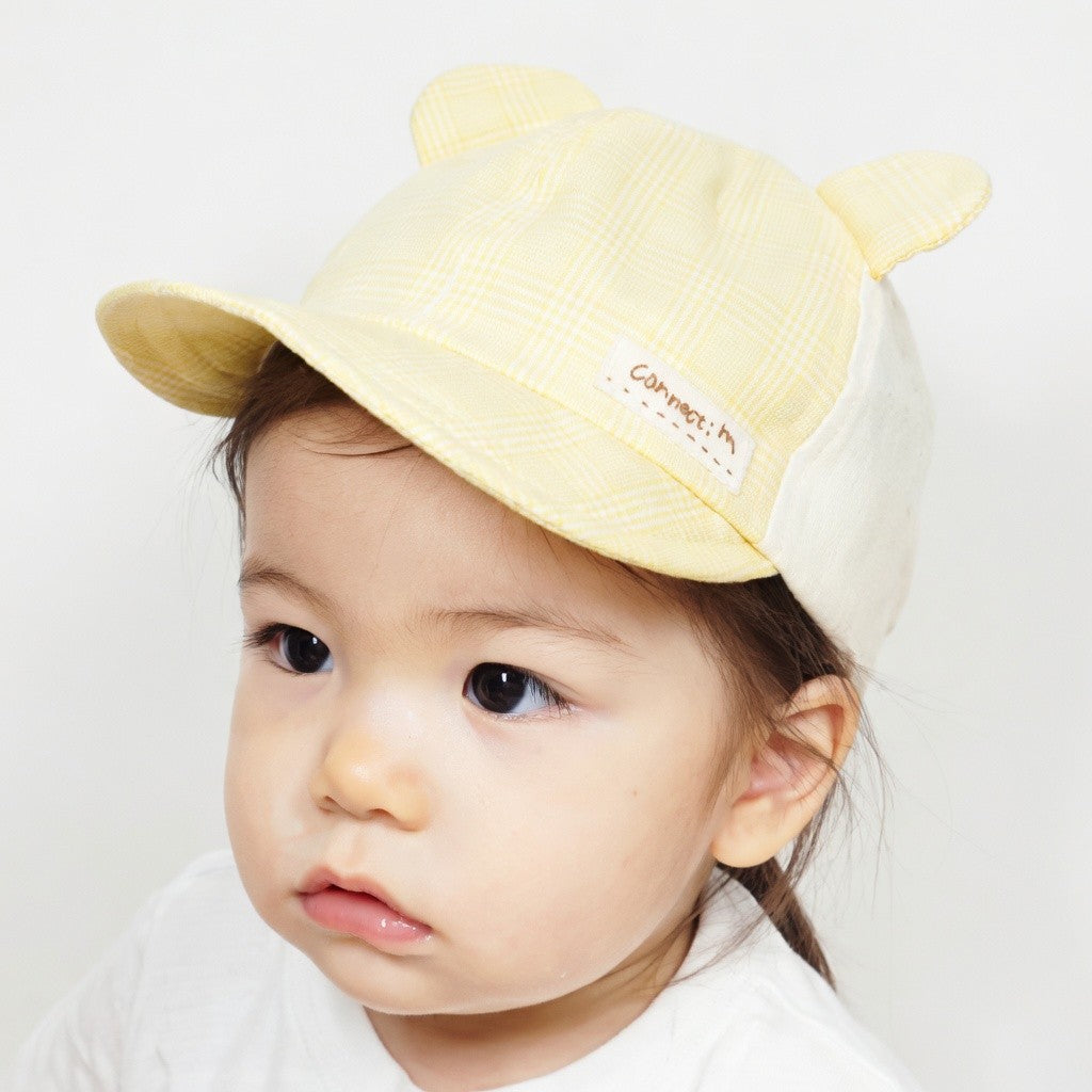 [現貨] 日本製 Shapox防紫外線黃色格仔熊耳全棉嬰幼兒Cap帽 - BB Dressup
