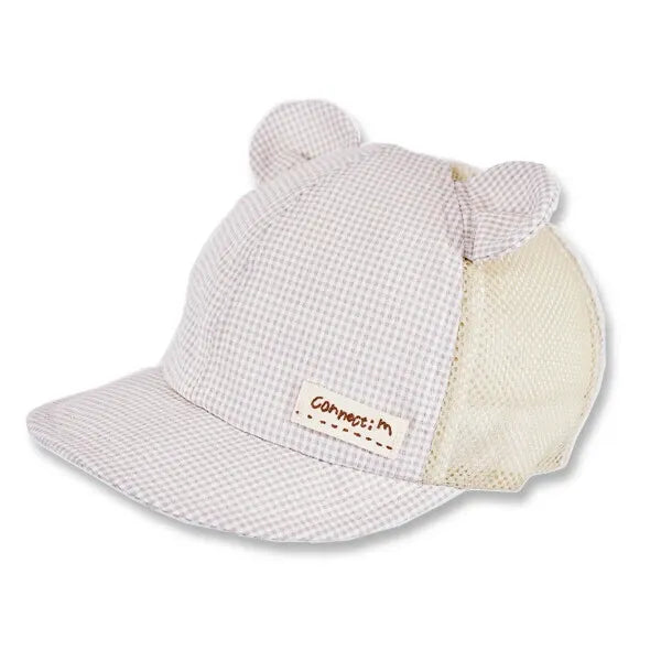 [現貨] 日本製 Shapox防紫外線米色格仔網布熊耳嬰幼兒Cap帽 - BB Dressup