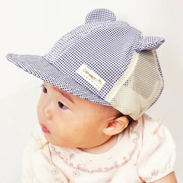 [現貨] 日本製 Shapox防紫外線米色格仔網布熊耳嬰幼兒Cap帽 - BB Dressup
