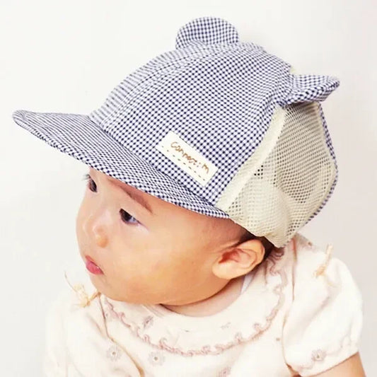 [現貨] 日本製 Shapox防紫外線米色格仔網布熊耳嬰幼兒Cap帽 - BB Dressup