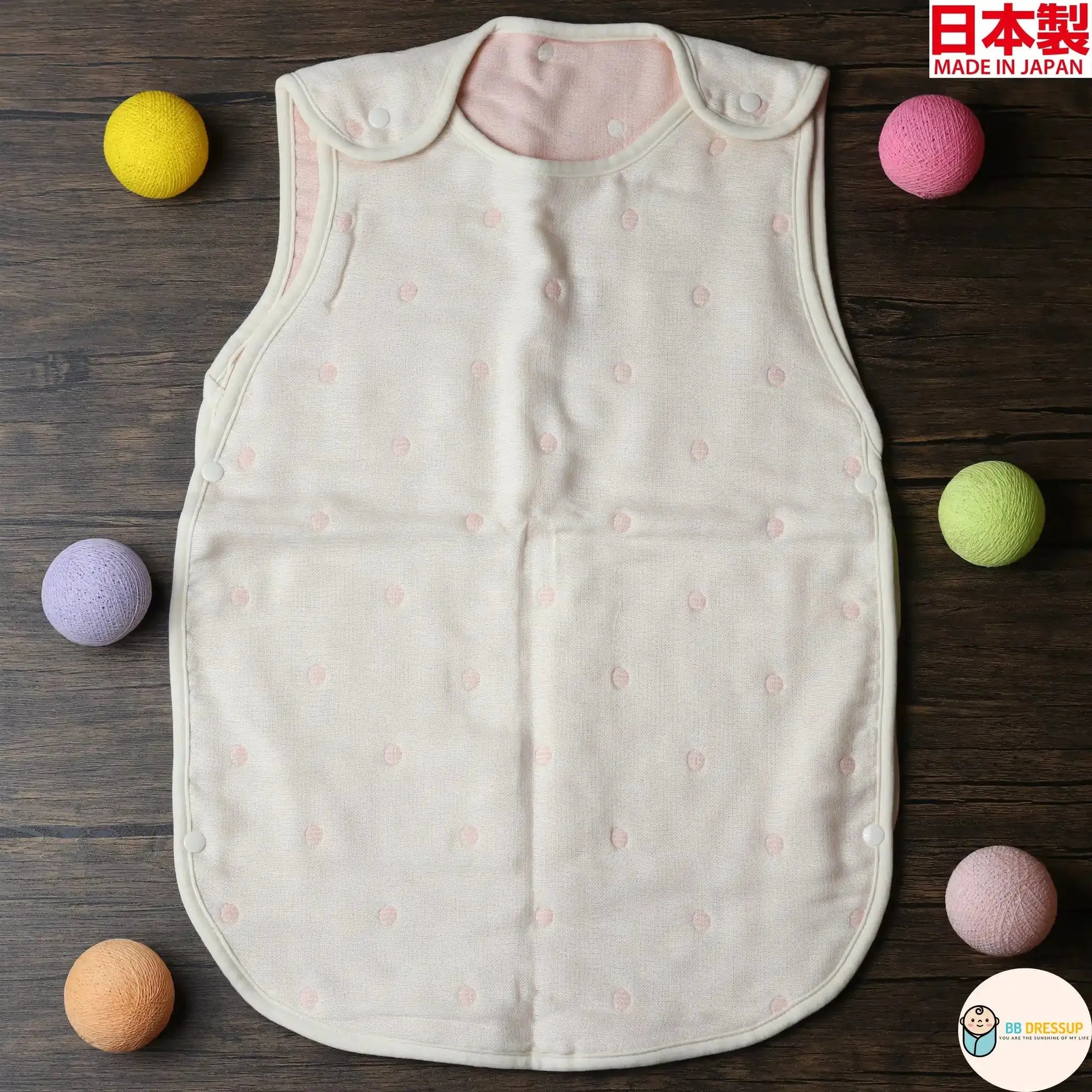 [現貨] 日本製 Utex 六重紗 三河木綿粉紅波點背心防踢睡袋 - BB Dressup