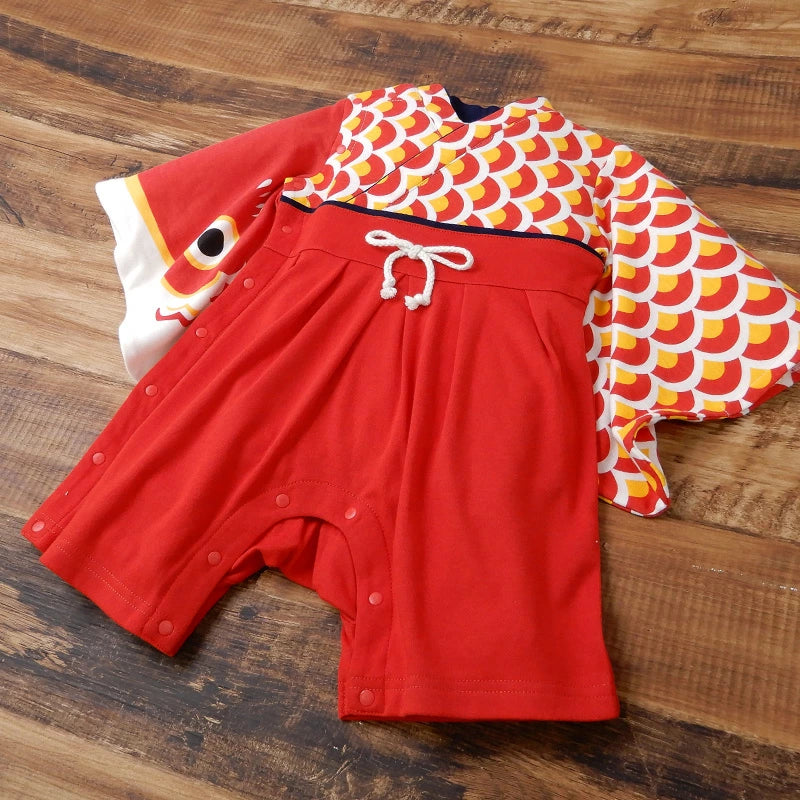 [現貨] 日本直送 Chil2 嬰兒紅色鯉魚和服造型連身衣連襪套裝 (70cm) - BB Dressup