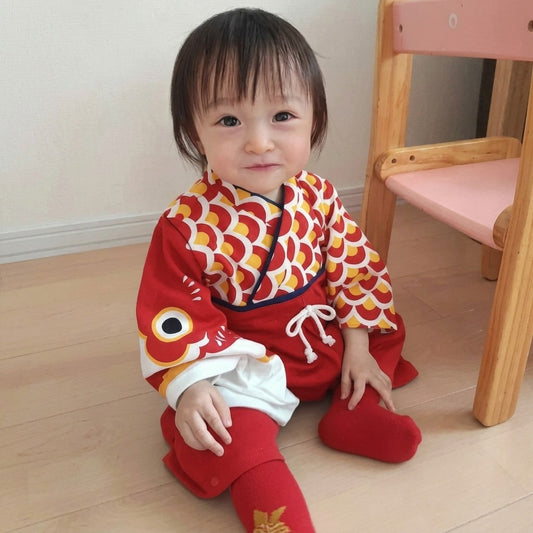 [現貨] 日本直送 Chil2 嬰兒紅色鯉魚和服造型連身衣連襪套裝 (70cm)
