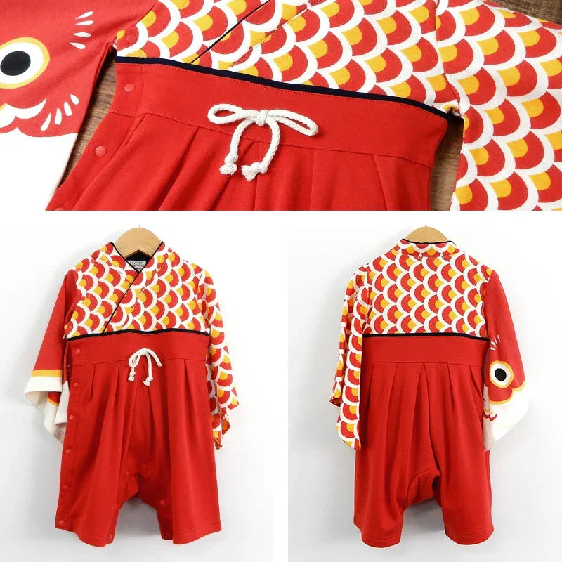 [現貨] 日本直送 Chil2 嬰兒紅色鯉魚和服造型連身衣連襪套裝 (70cm) - BB Dressup