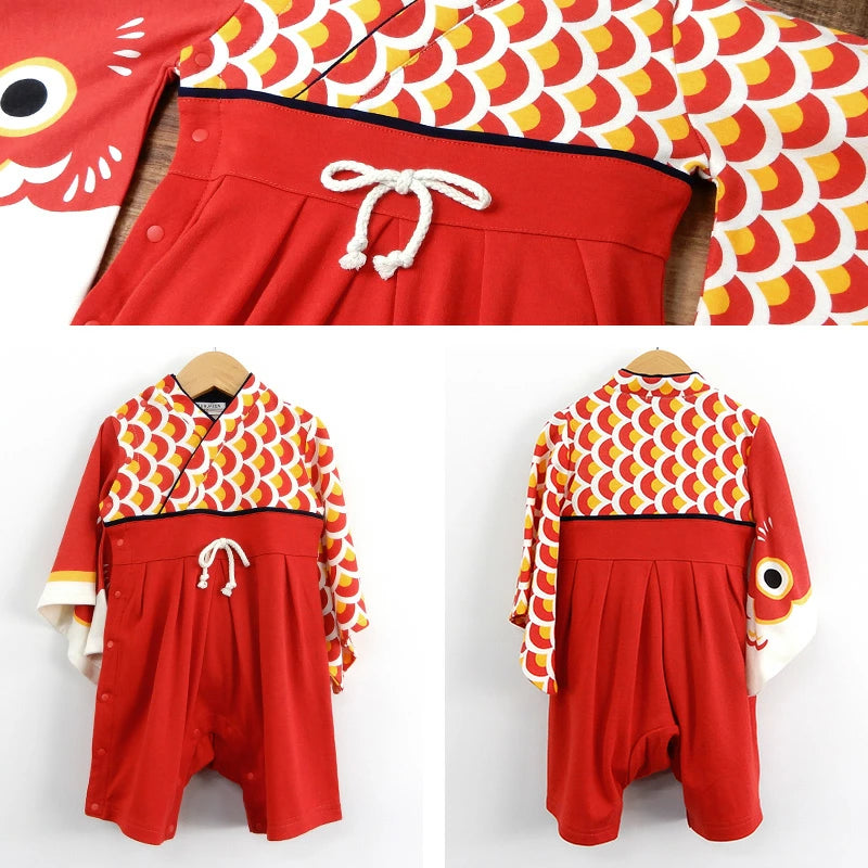 [現貨] 日本直送 Chil2 嬰兒紅色鯉魚和服造型連身衣連襪套裝 (70cm) - BB Dressup