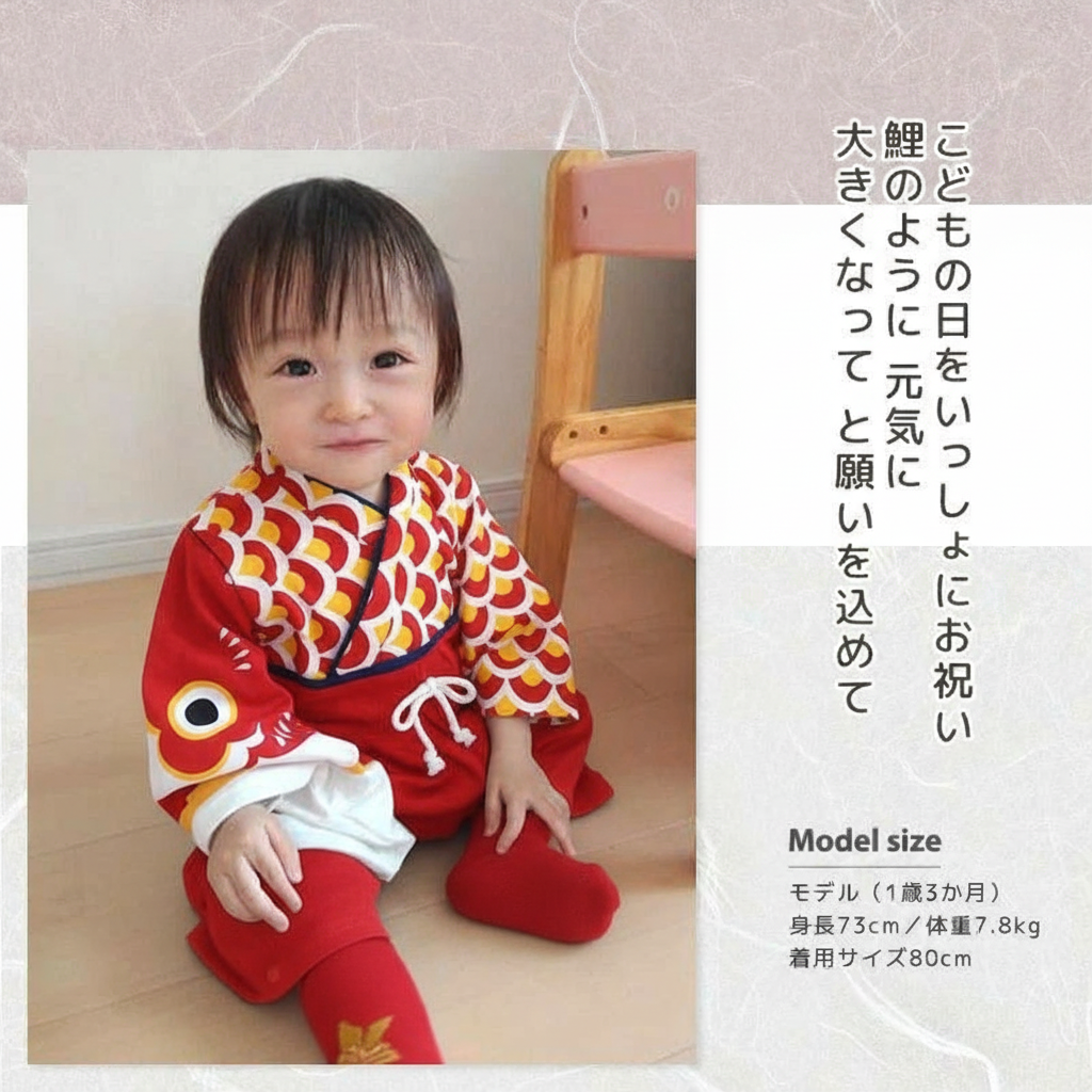 [現貨] 日本直送 Chil2 嬰兒紅色鯉魚和服造型連身衣連襪套裝 (70cm) - BB Dressup