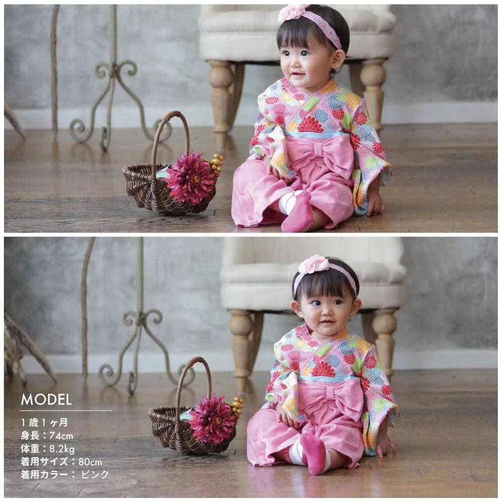 [現貨] 日本直送 Aenak 女童裝 粉紅色菊花 日本和服連身衣 (70-90cm) - BB Dressup