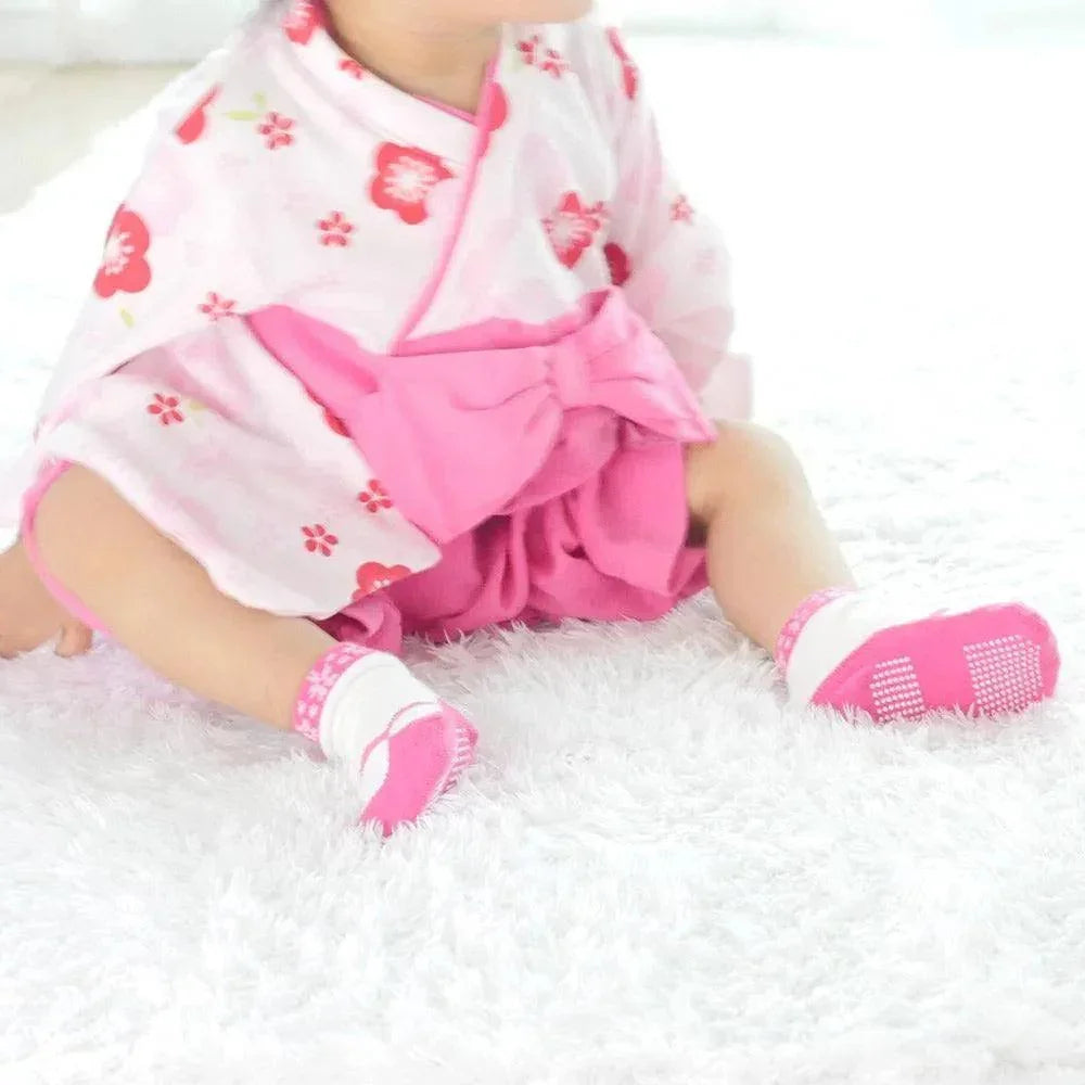 [現貨] 日本製 Aenak 嬰兒 日式防滑膠底分趾女童嬰兒襪 9-12cm (紅/粉紅) - BB Dressup