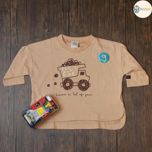 [現貨] 日本直送 Mam 幼兒 貨車圖案 淺啡色長袖上衣 (80-90cm) - BB Dressup