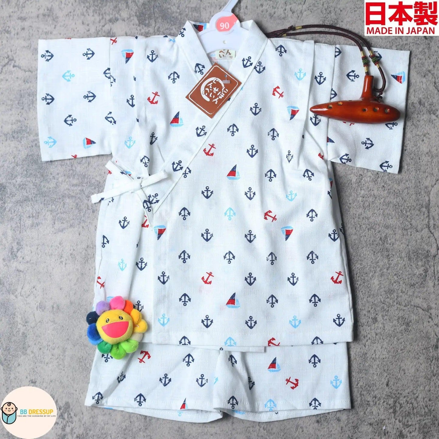 [現貨] 日本製 Mam 嬰兒 白色水手圖案 日本和服甚平BB衫套裝 - BB Dressup