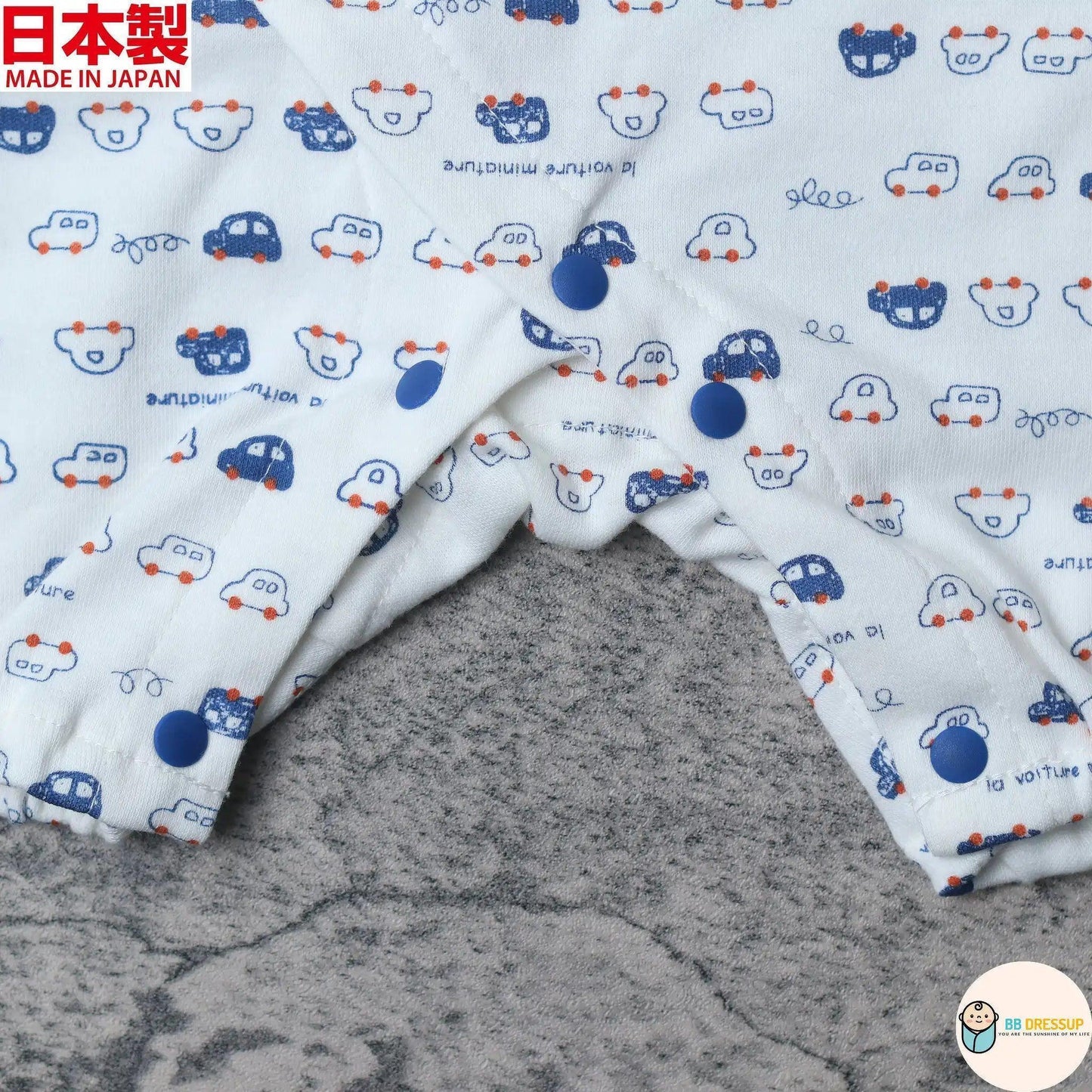 [現貨] 日本製 Mam 100% 全棉 藍色車仔 嬰兒連身睡衣/居家服 (50-70cm) - BB Dressup