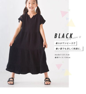 [現貨] 日本直送 OMNES 女童裝 黑色雙層薄紗法式袖束腰連身裙 - BB Dressup