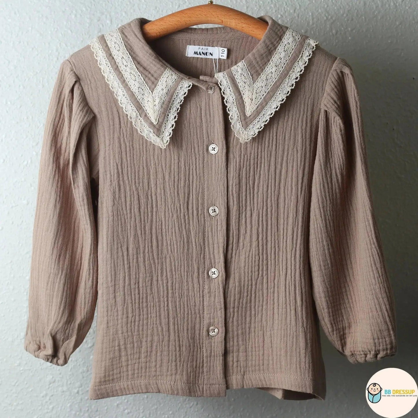 [現貨] 日本直送 Pairmanon 女童裝 淺啡色雙層紗蕾絲洋裝上衣 (100-120cm) - BB Dressup
