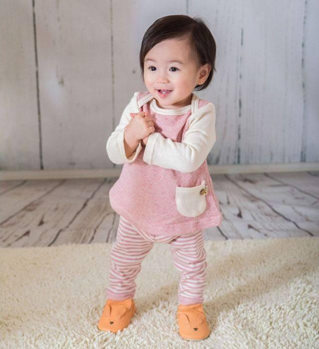 [現貨] 日本製 Yuga 有機棉 初生嬰兒 粉紅色橫間緊身褲 - BB Dressup